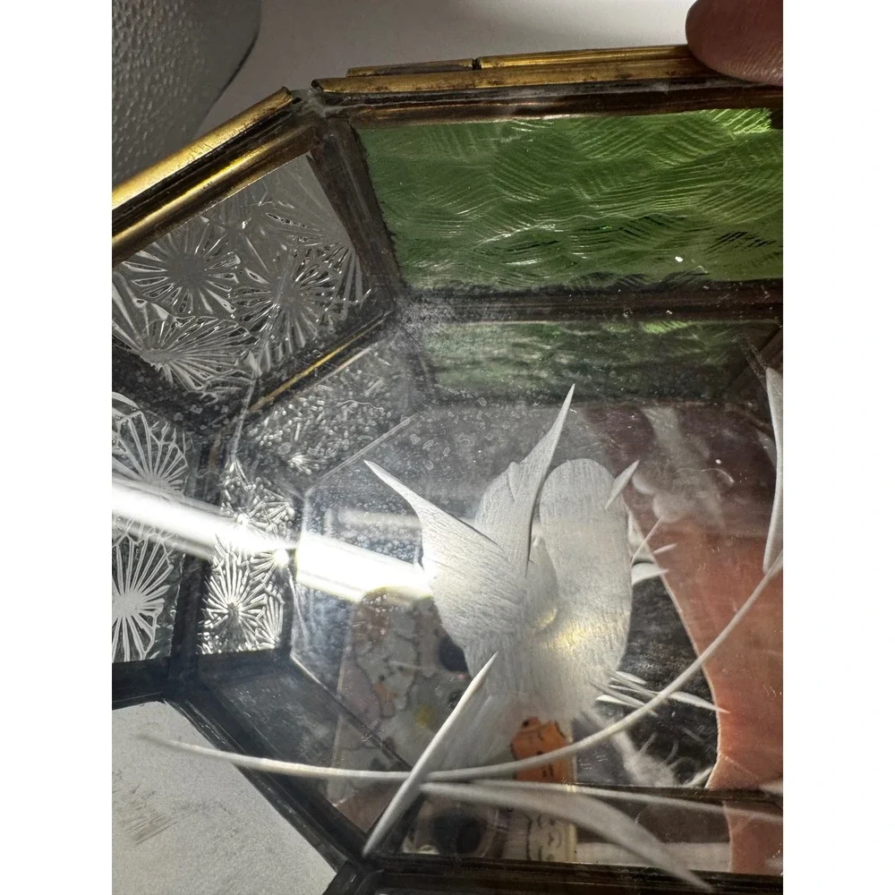 1980's Octagonal Glass Jewelry Box with brass tone frame Etched